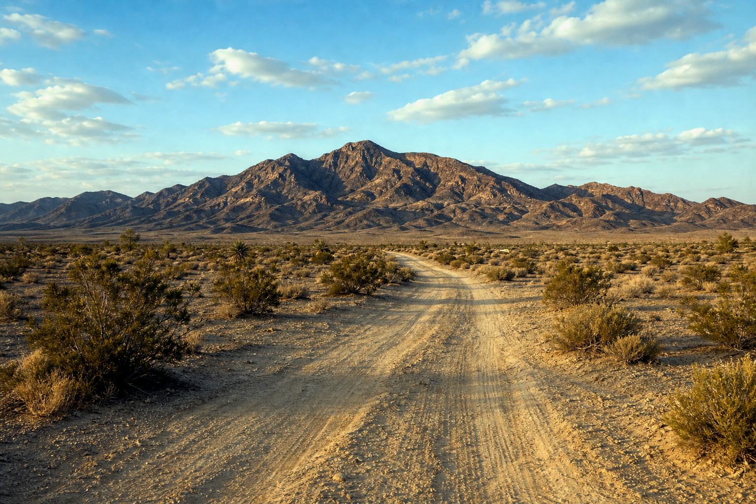 Sandy Mojave Desert trail road leading toward rugged mountains