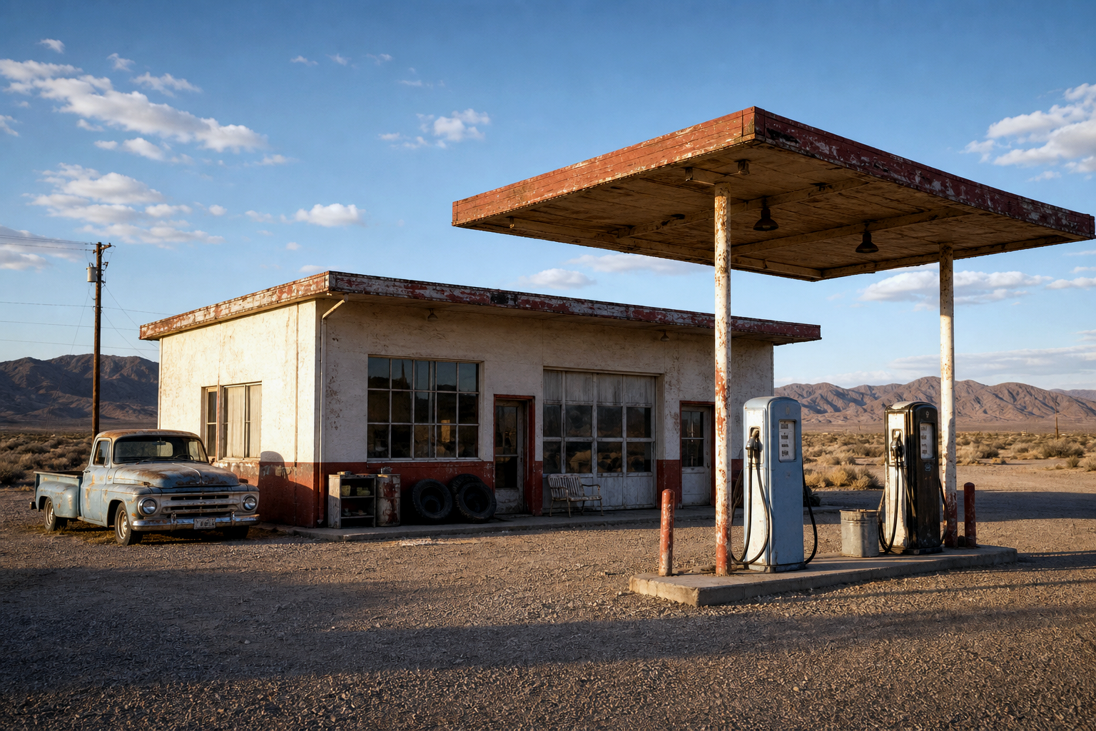 Vintage desert roadside service station with old pumps and mountains beyond
