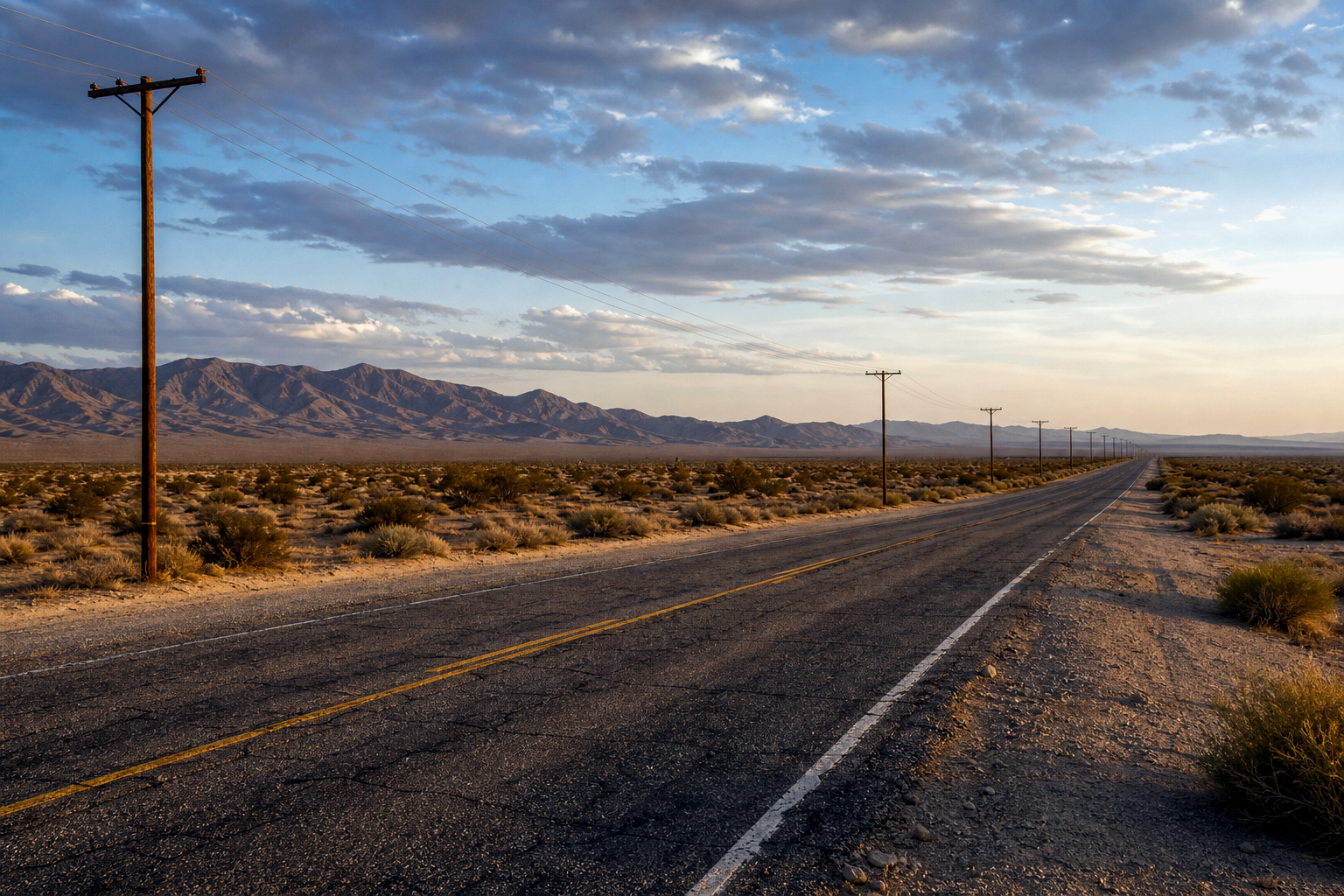 Quiet Route 66 desert highway with telephone poles and distant mountains