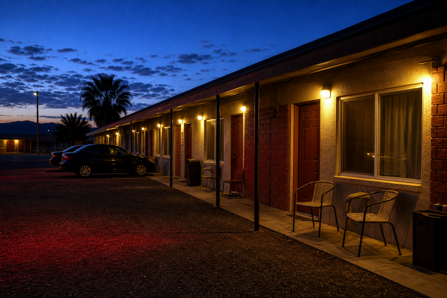 Single-story motel courtyard with warm door lights and chairs outside rooms at dusk