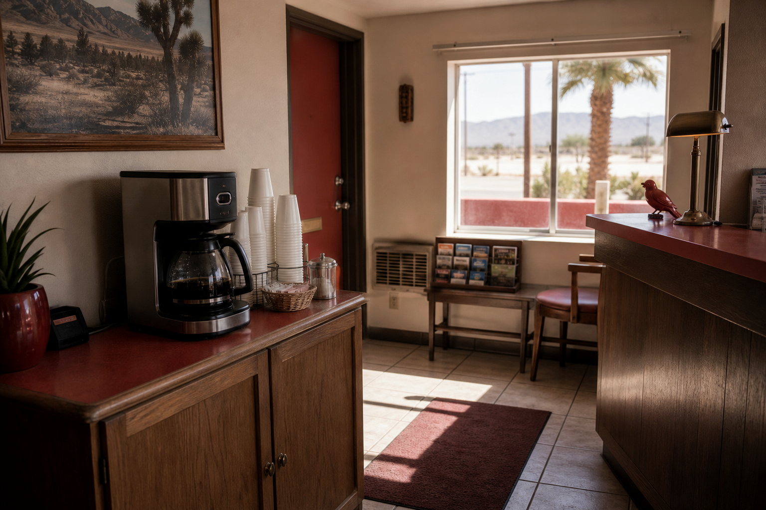 Small motel lobby coffee station with cups, coffee pot, and morning light