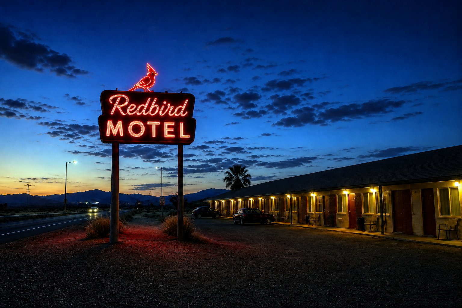 Redbird Motel neon sign glowing at sunset