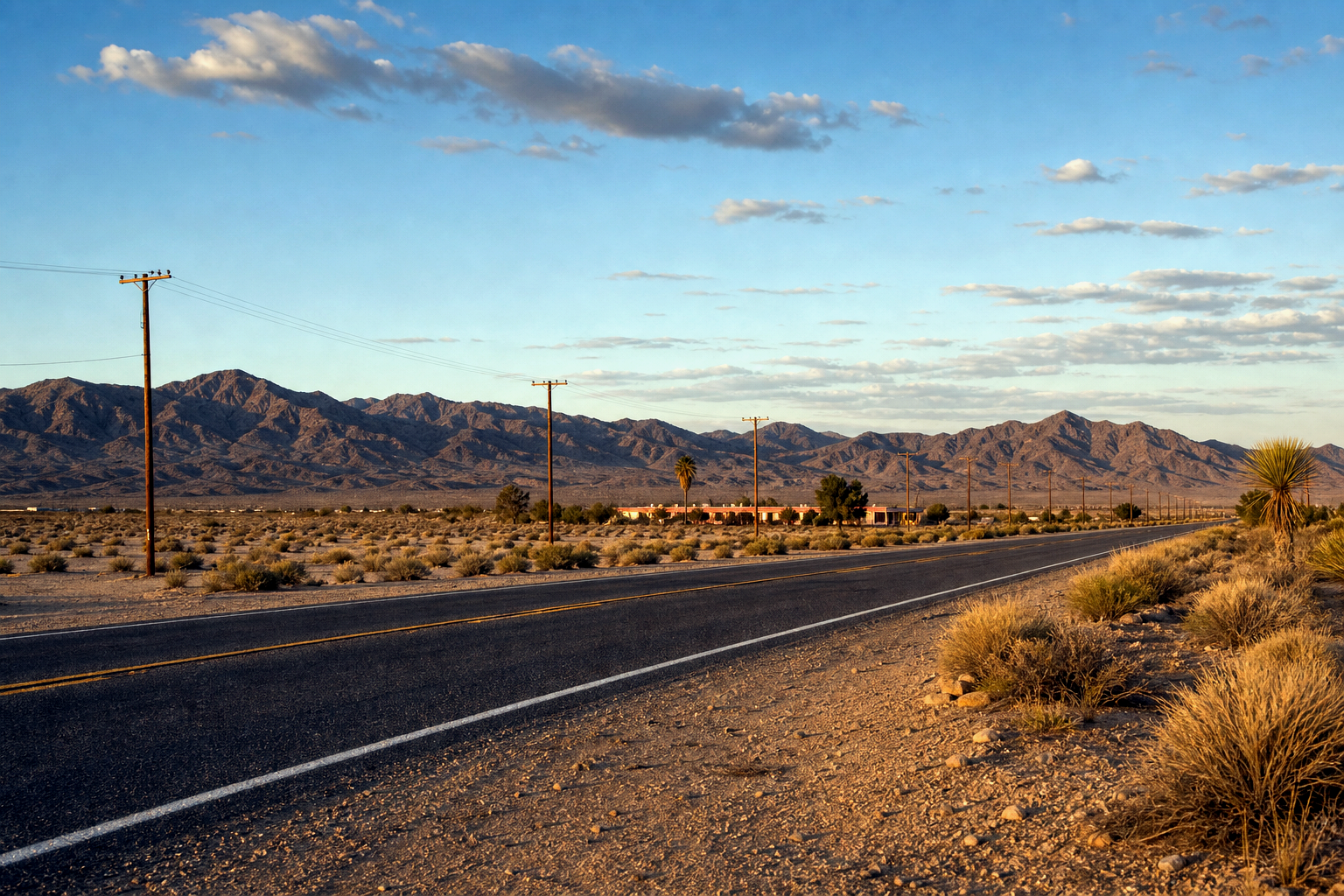 Quiet Route 66 desert road stretching toward distant mountains