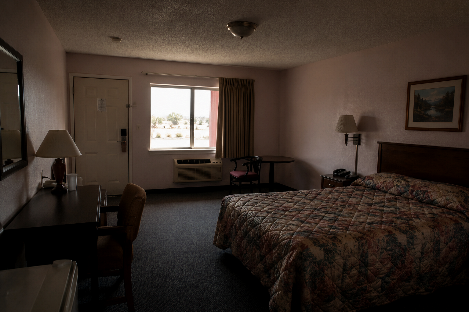 Classic queen motel room with quilted bed, desk, window, and warm desert light
