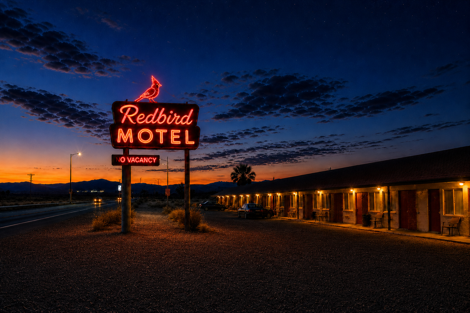 Redbird Motel neon sign glowing over a desert roadside motel at dusk