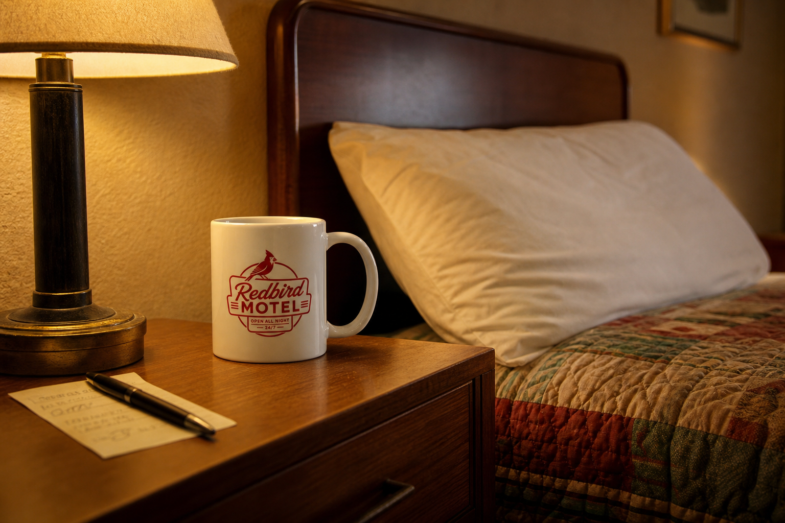 Vintage Redbird Motel neon sign logo ceramic mug product mockup