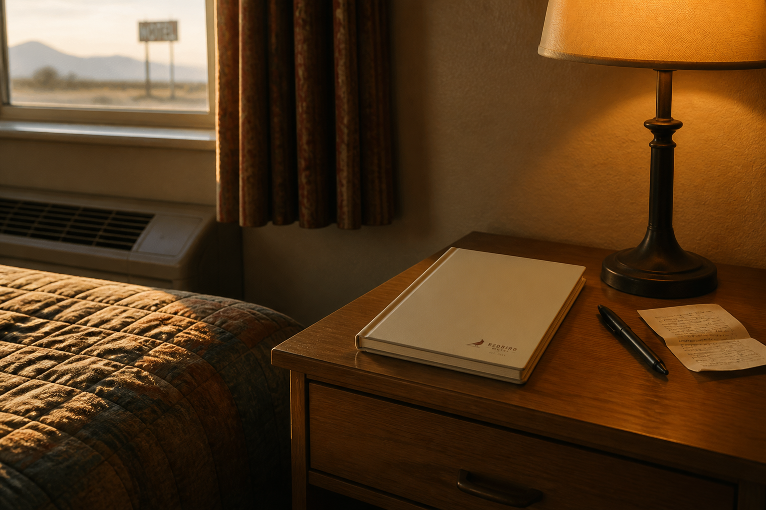 A Redbird Motel diary resting on a bedside table in a warm motel room