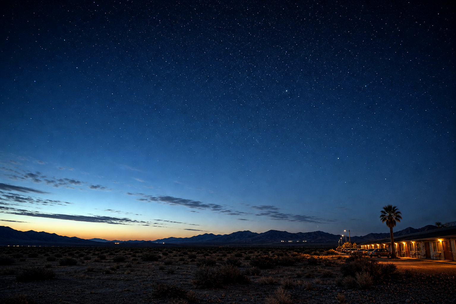 A deep desert evening sky near Redbird Motel after sunset