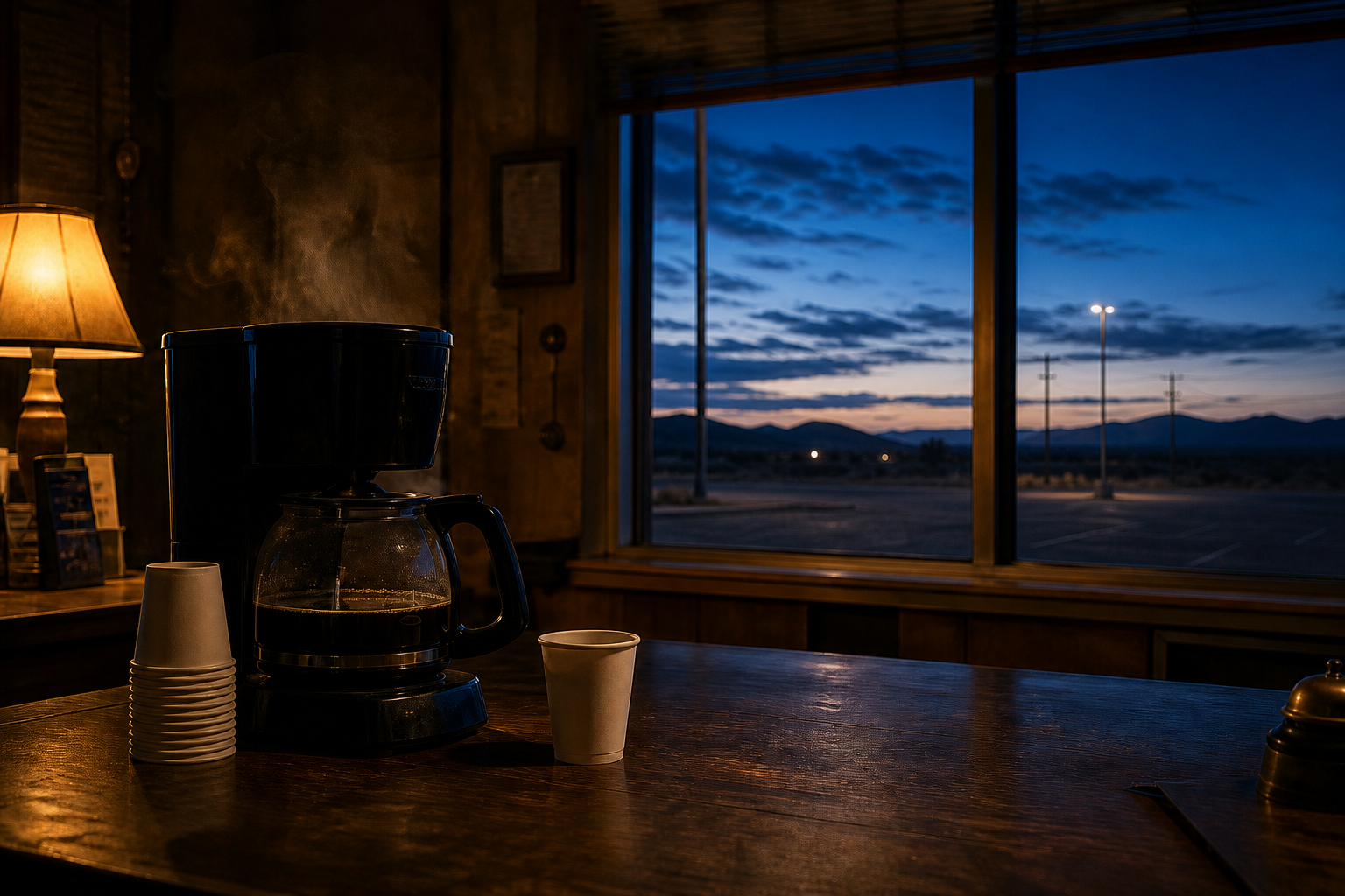 A fresh pot of coffee on the Redbird Motel front desk before sunrise