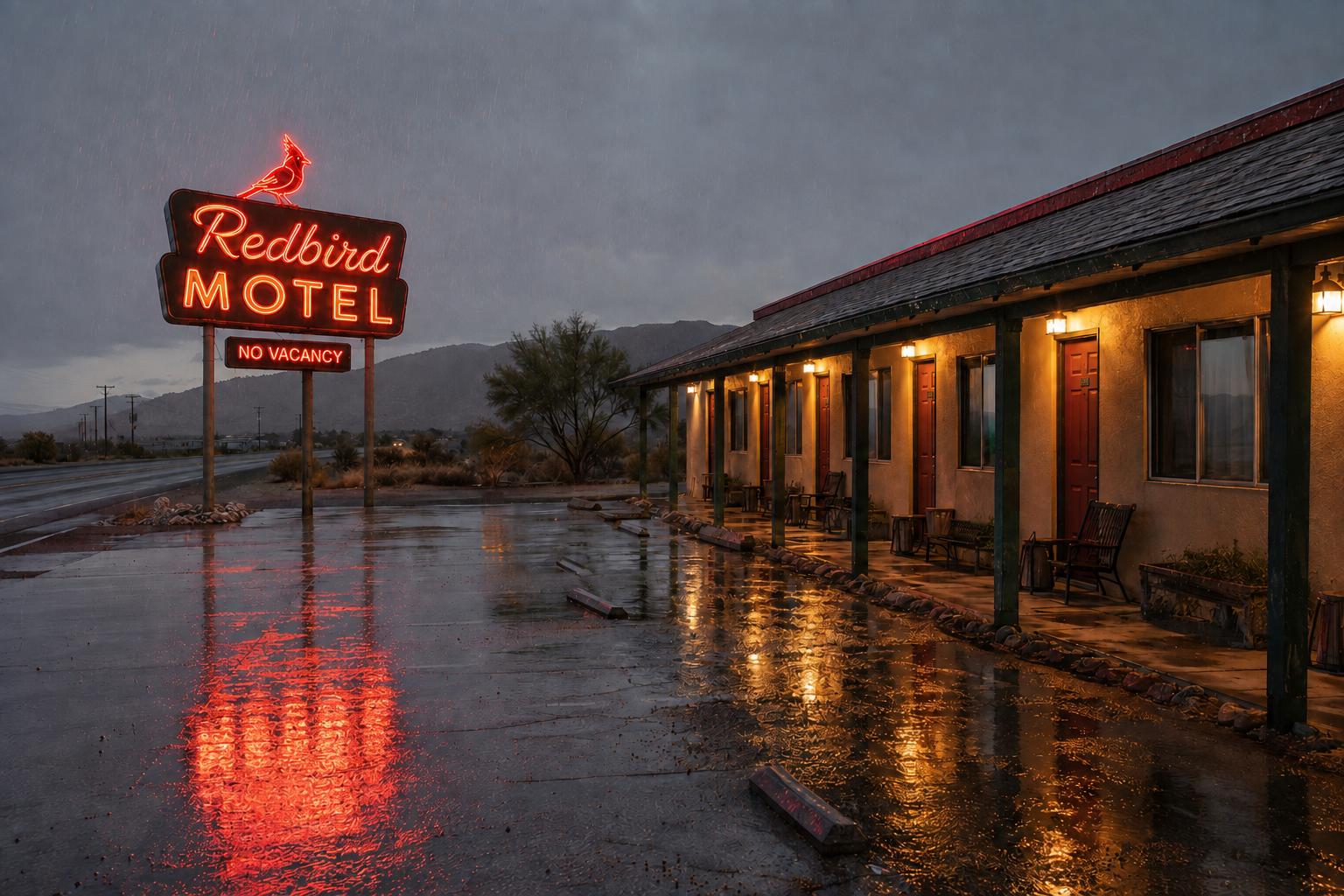Redbird Motel neon sign glowing over a rain-soaked parking lot
