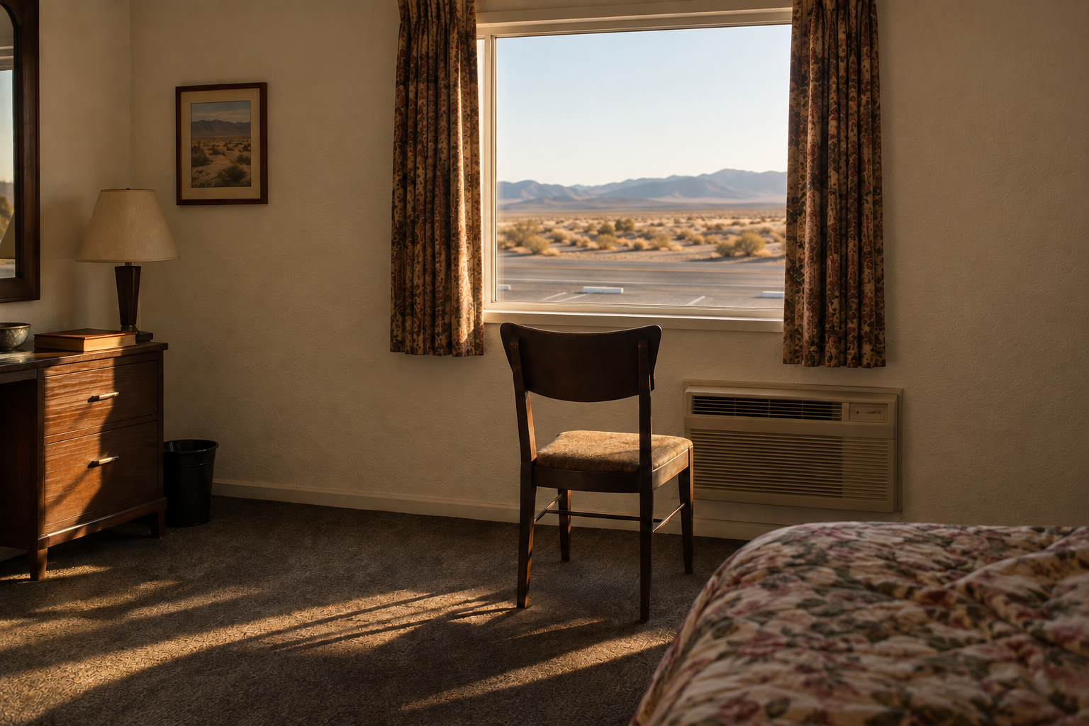 A chair facing the desert through open motel curtains, with morning sunlight across the carpet